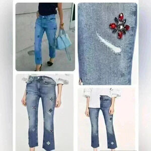 Zara  High‎ Rise Denim Blue Sparkly Bead Rhinestones Jewellery Distressed Size 4